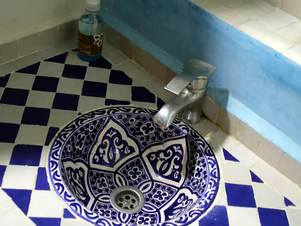 Blue and white zellige bathroom sink